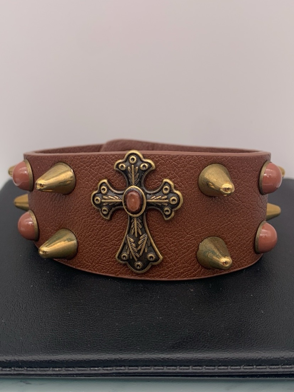 NWOT Brown Leather Cross Stud Bracelet western southwestern boho
